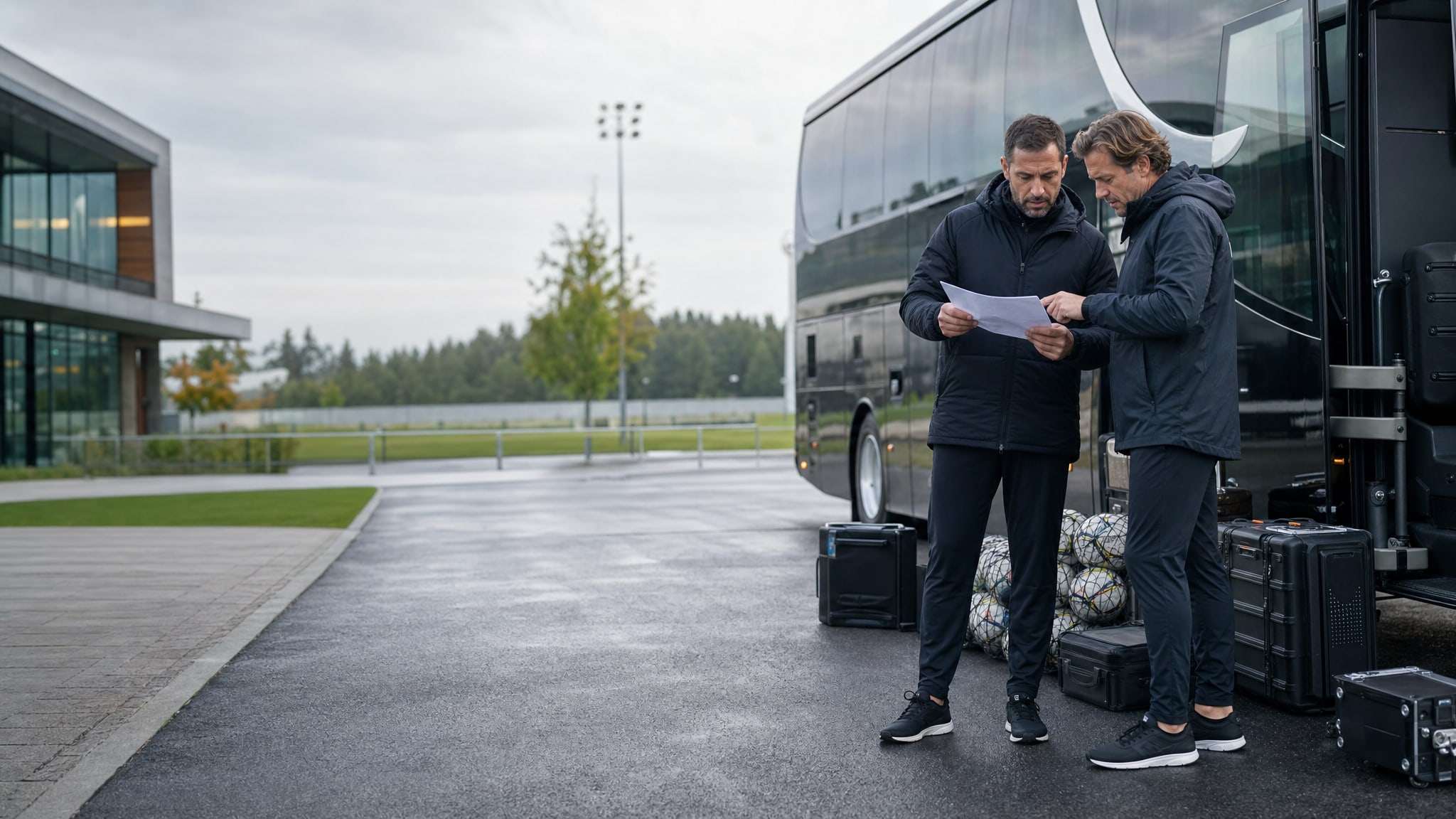 Football operations staff reviewing a team travel plan beside a coach bus