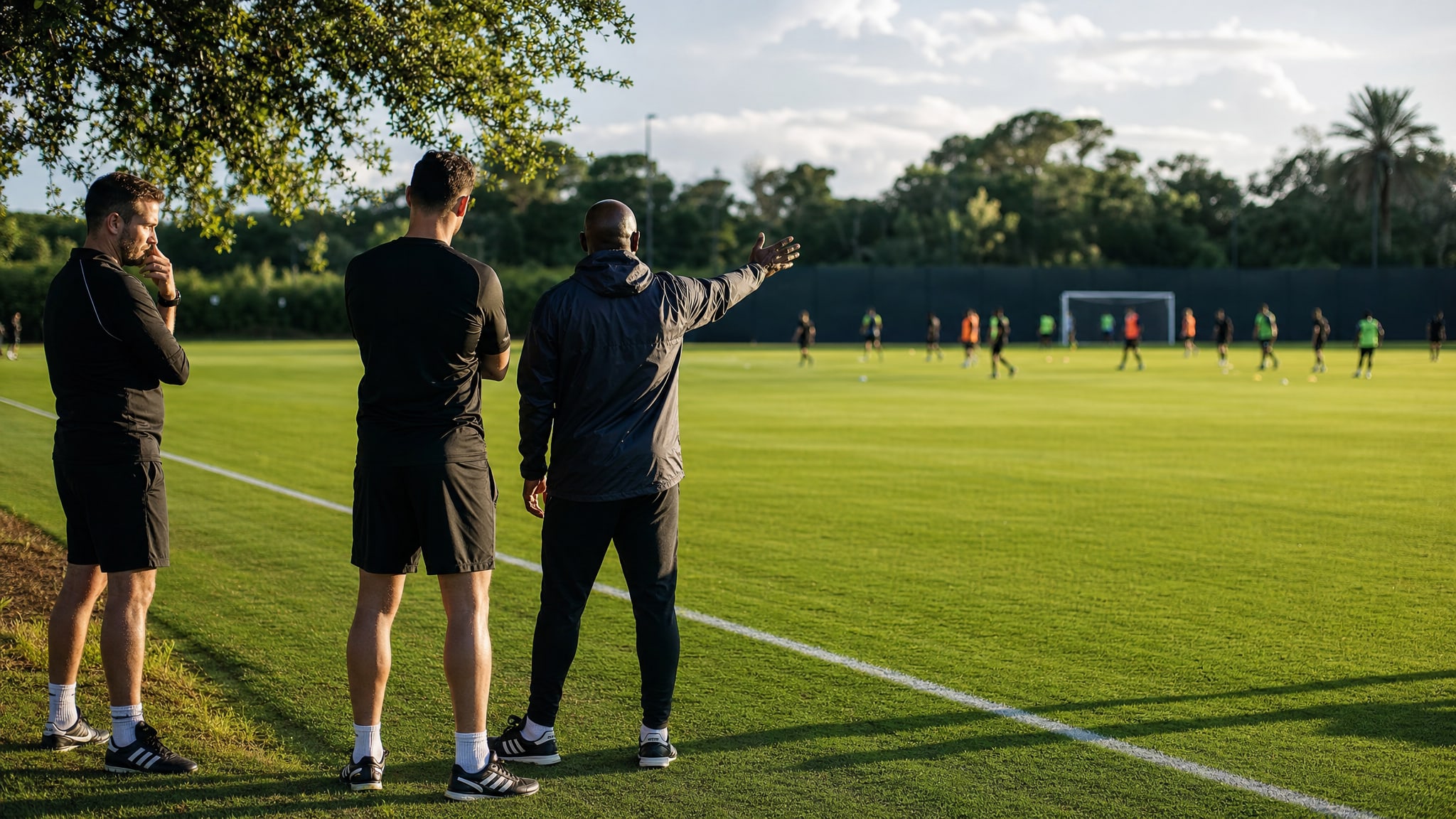 Football staff assessing a professional training session from the edge of the pitch