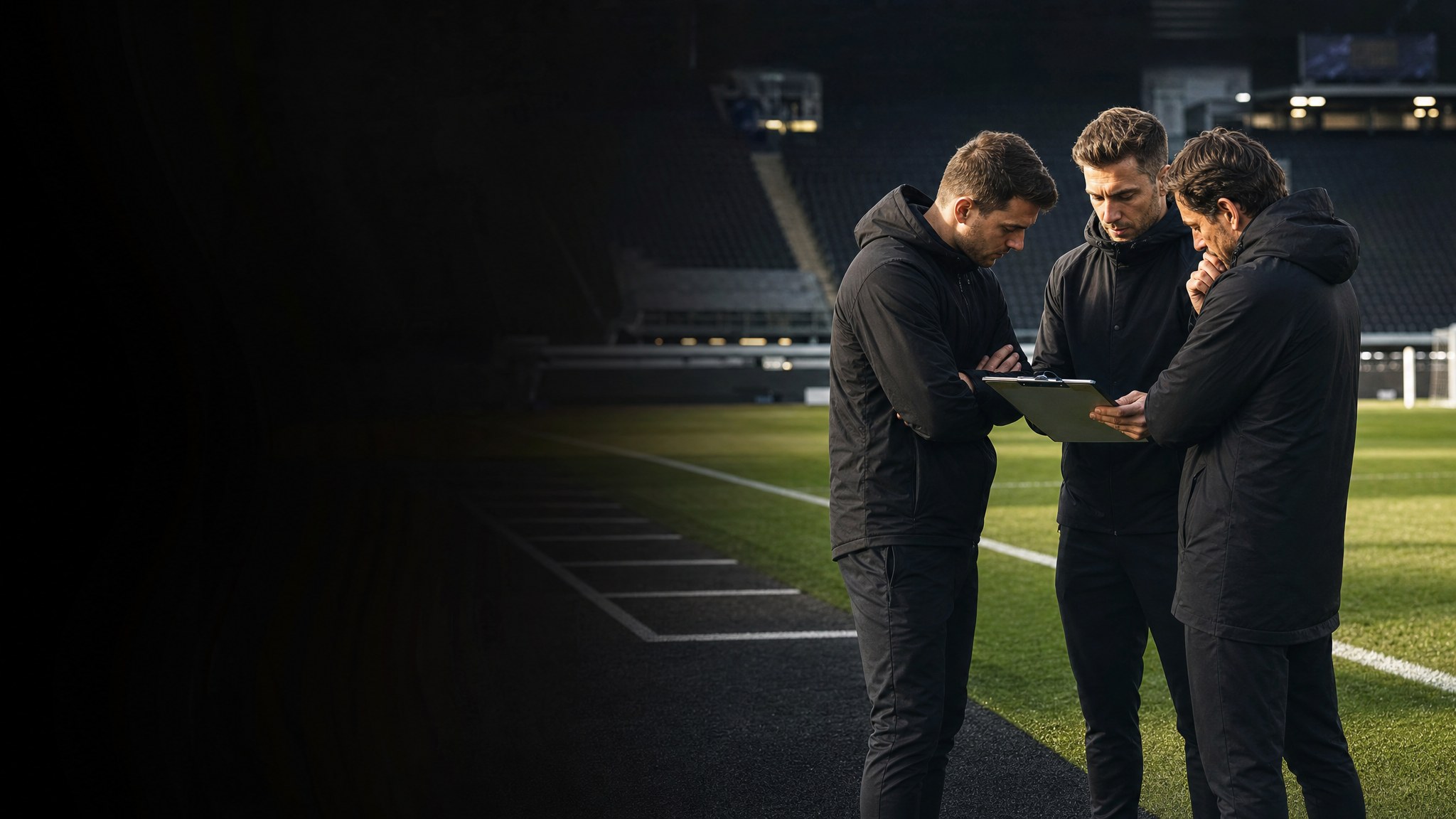 Football operations staff coordinating at a professional stadium