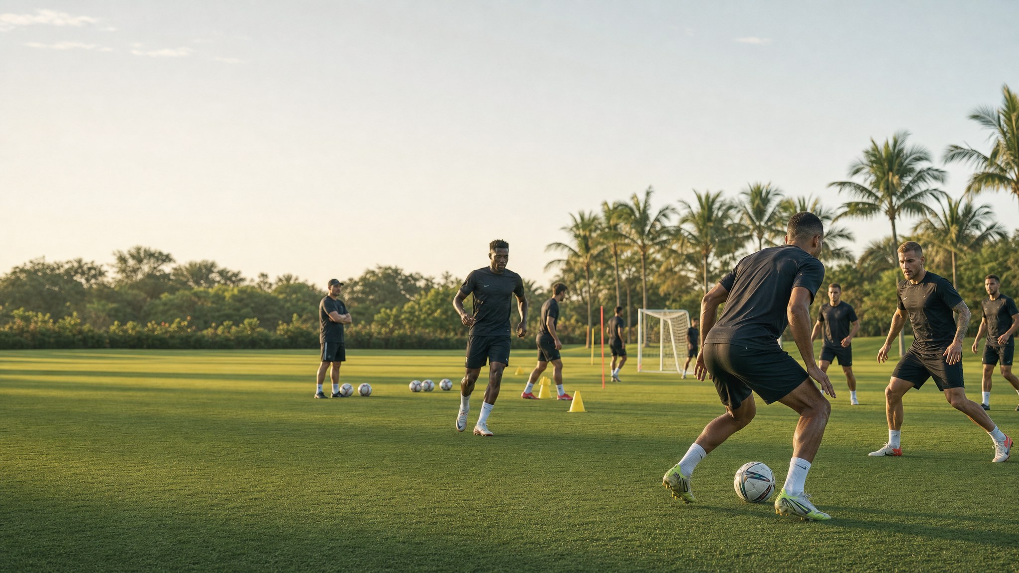 Professional soccer players training at a Florida preseason camp