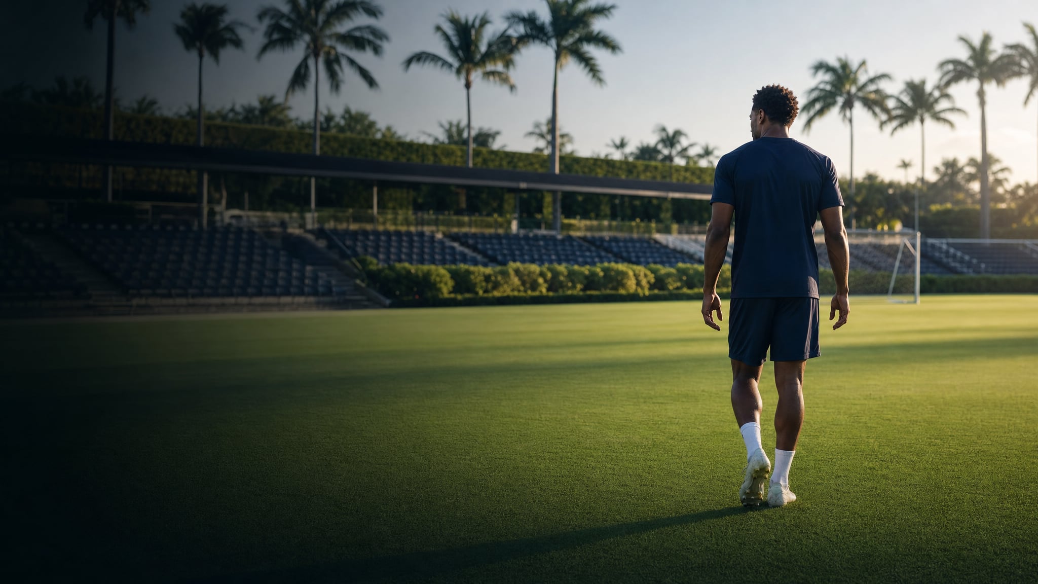 Professional footballer walking onto a private Florida training pitch