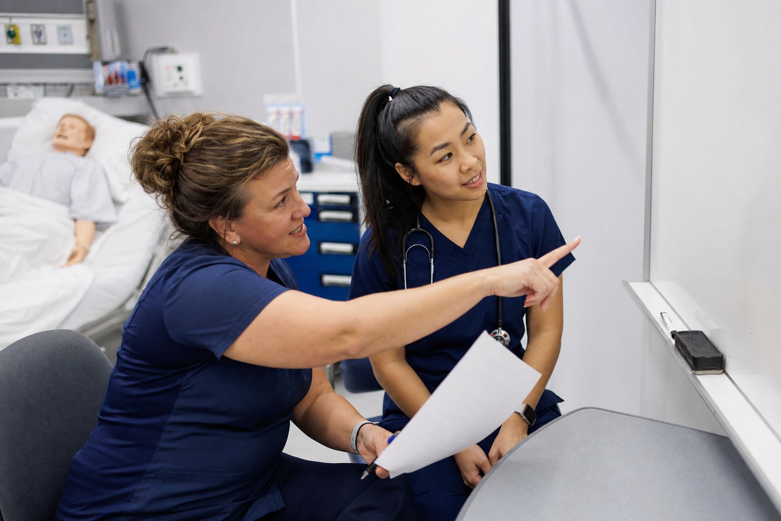 Nursing preceptor and new graduate nurse discussing a clinical reasoning case in a simulation lab