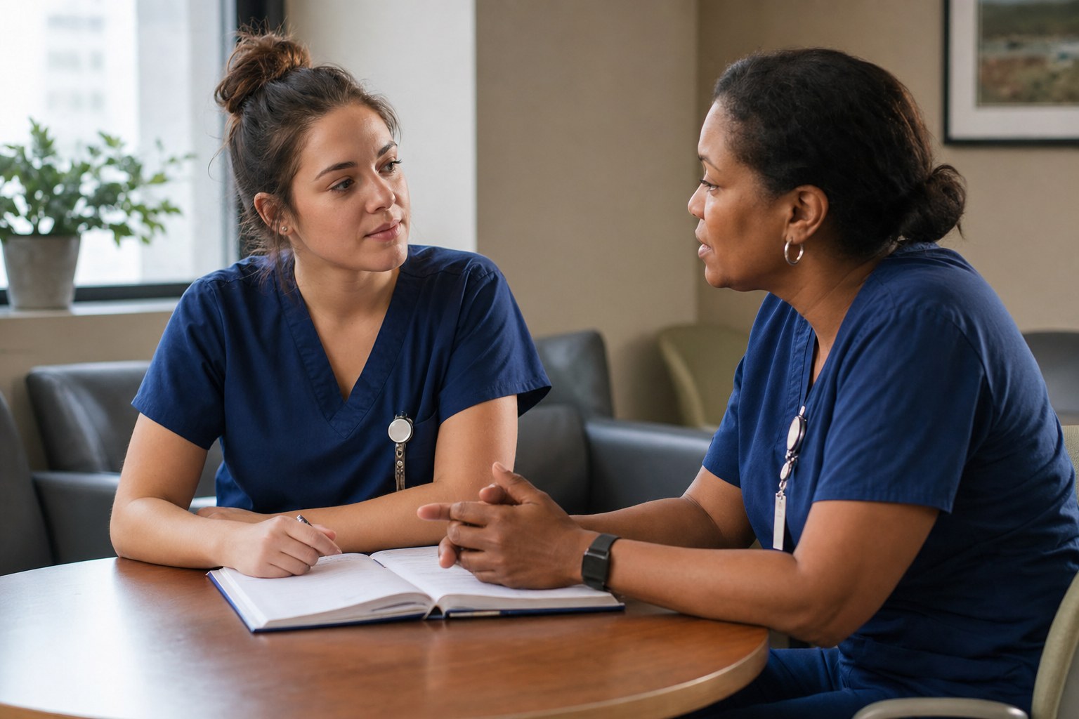 New graduate nurse and preceptor reflecting together after a shift