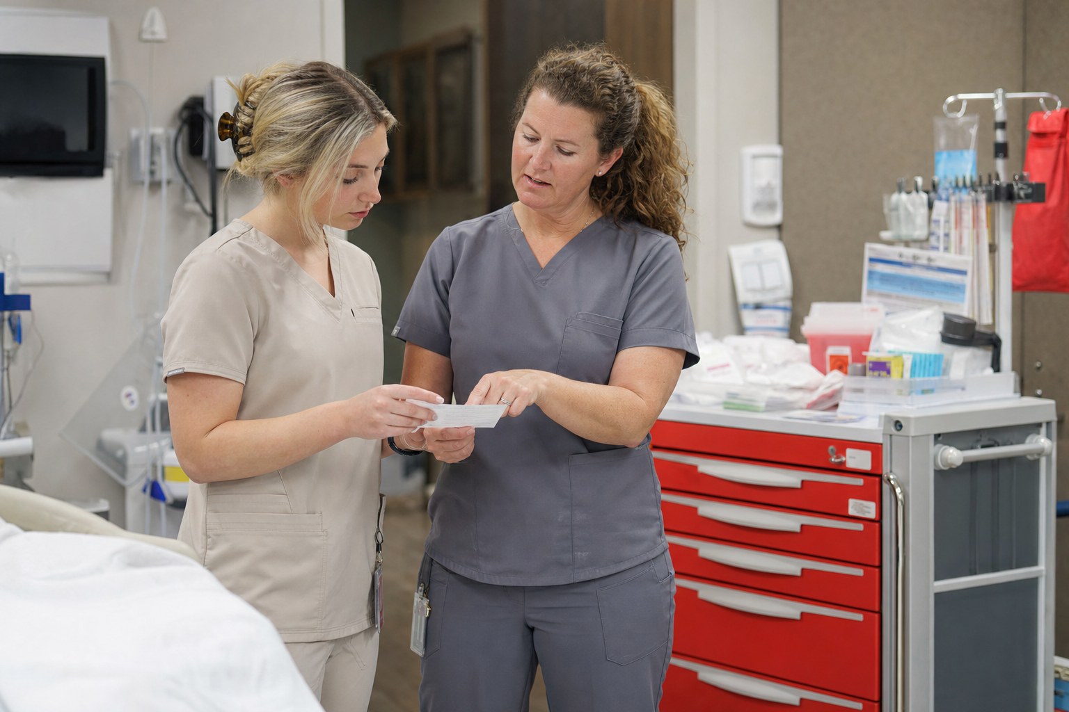 New graduate nurse and experienced nurse reviewing emergency-response roles before a simulation