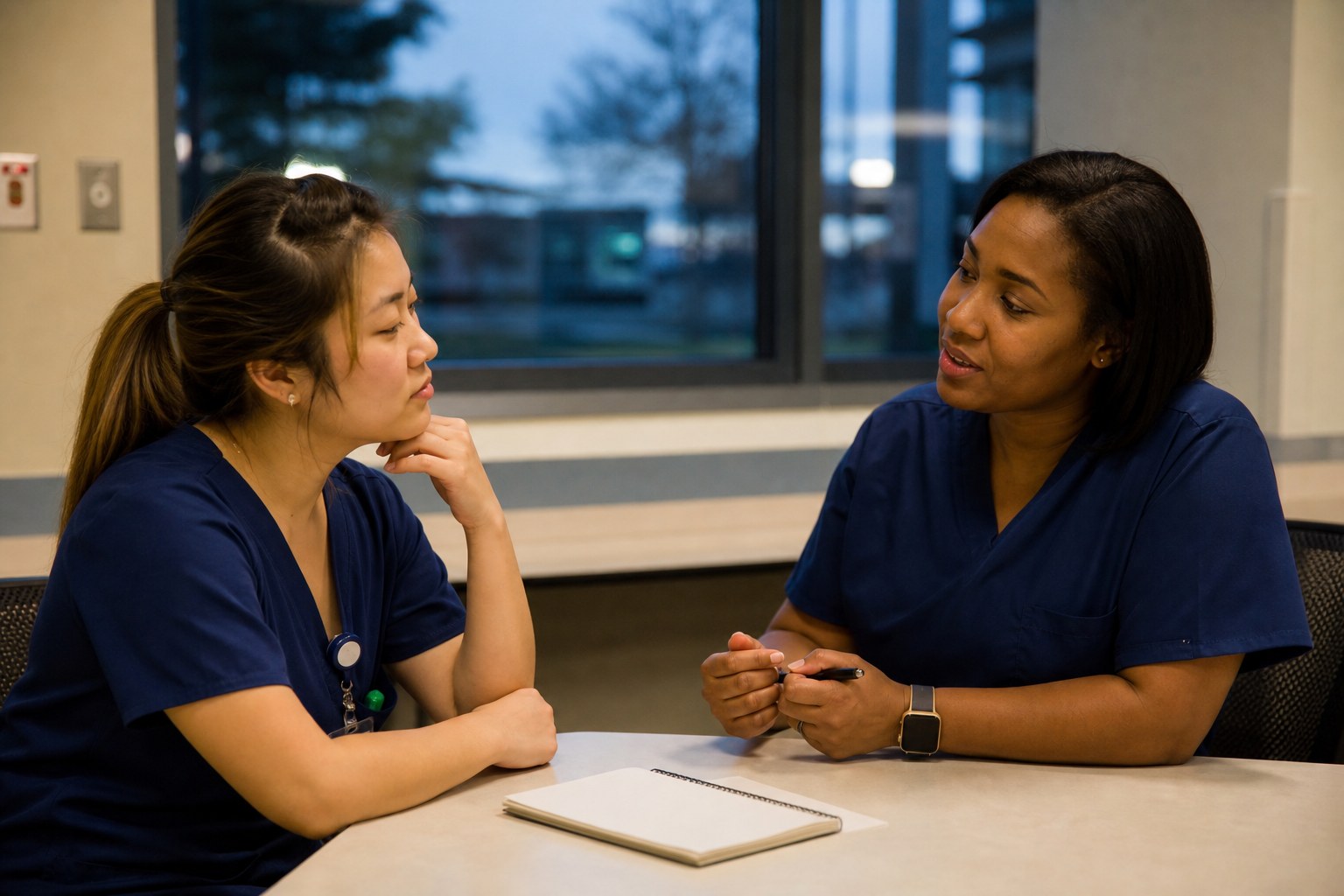 New graduate nurse reflecting with a nurse preceptor after a shift