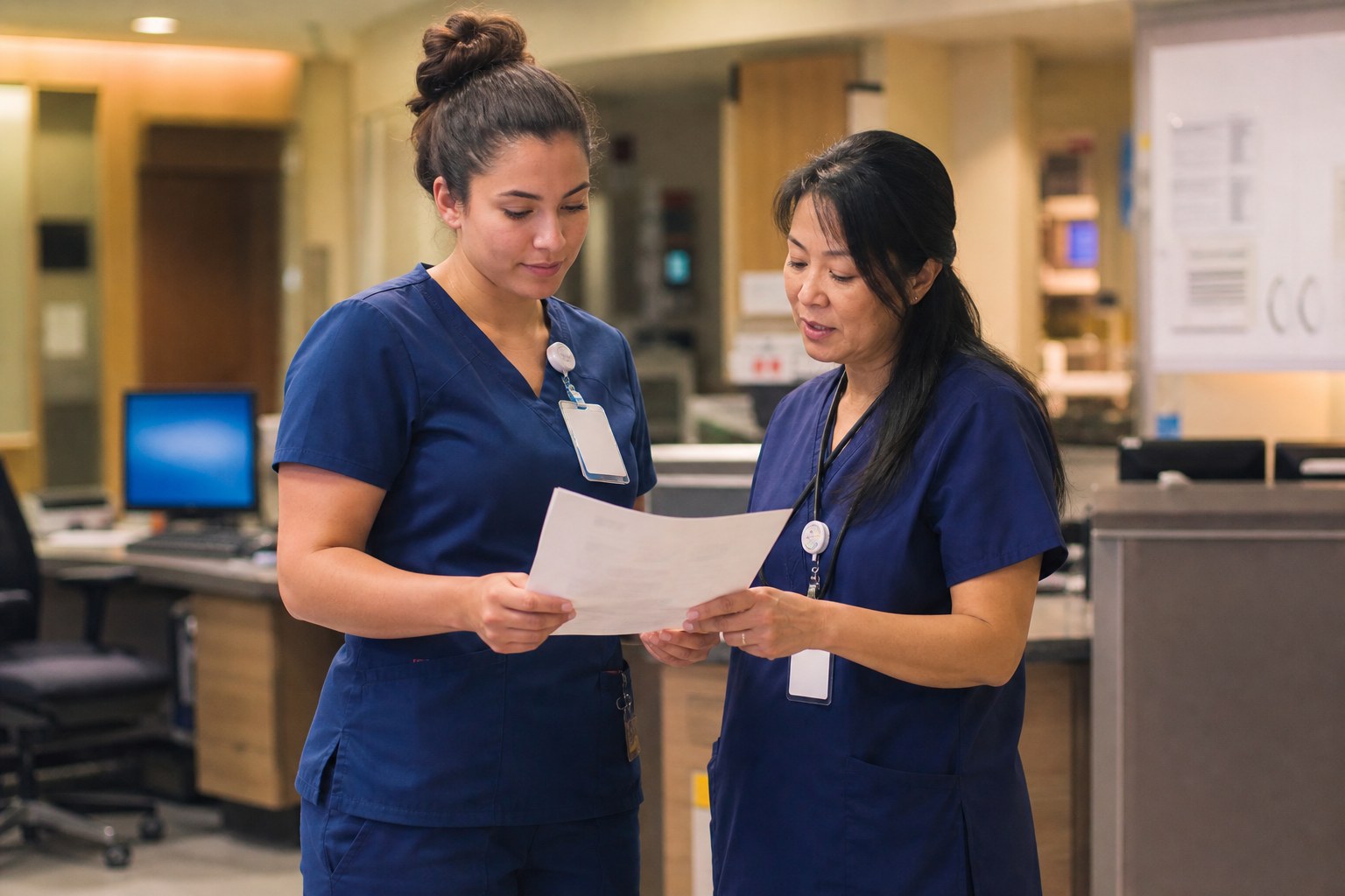 New graduate nurse reviewing a first-shift plan with a nurse preceptor