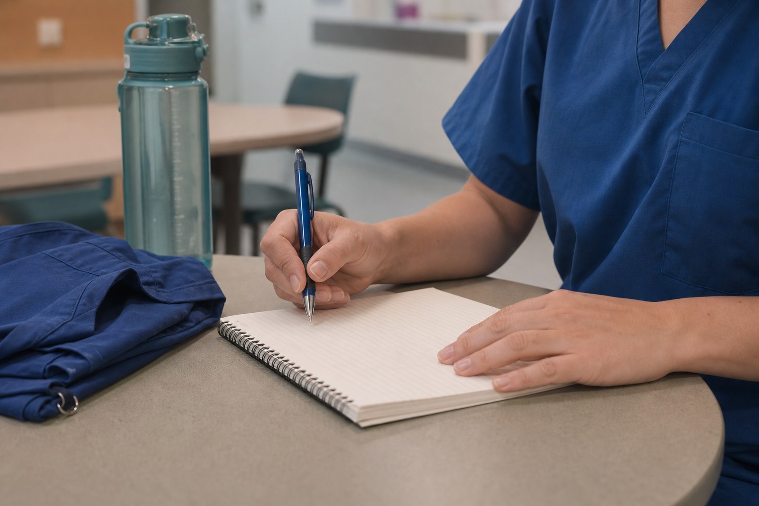 New graduate nurse preparing a simple first-shift plan in a notebook