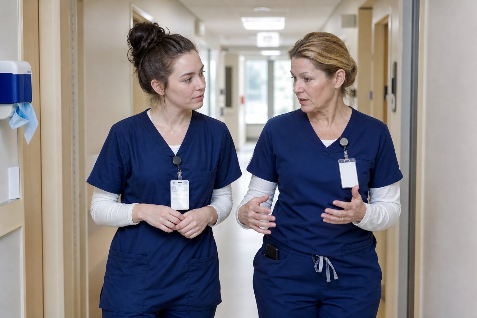 New graduate nurse receiving guidance from a nurse preceptor during the shift