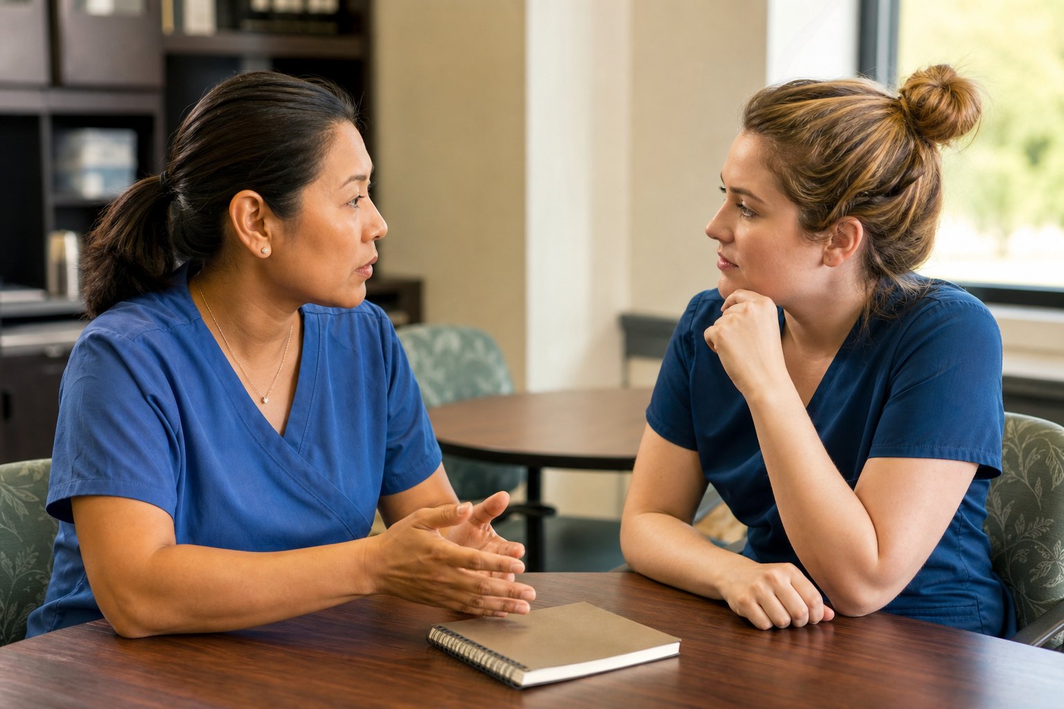 Nurse preceptor and orientee having a supportive end-of-shift clinical debrief