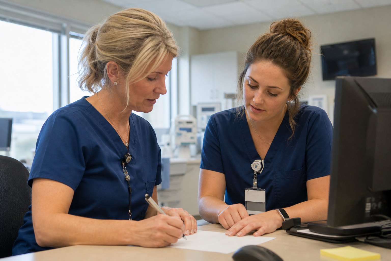 Experienced nurse preceptor and orientee reviewing patient priorities together