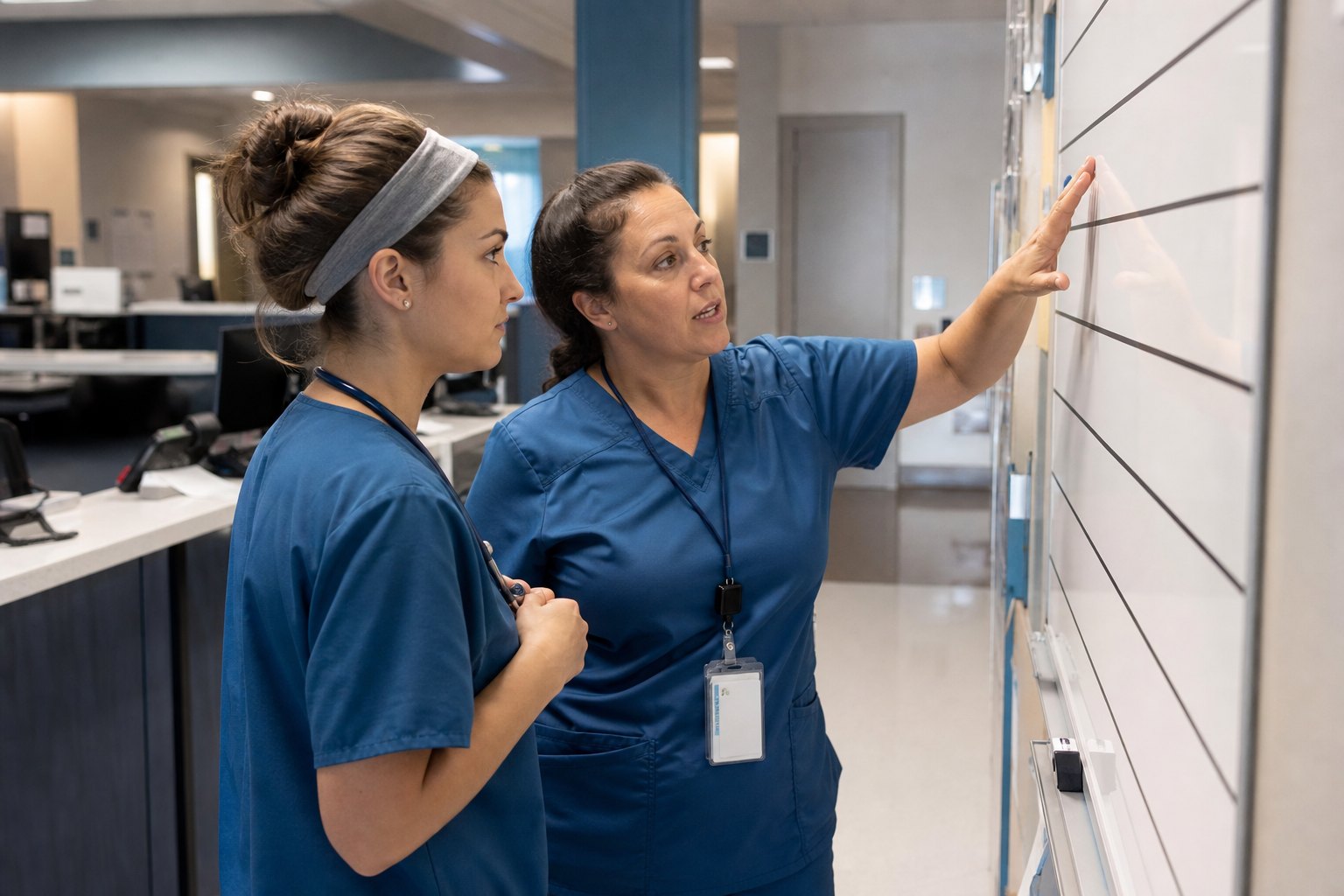 Nurse preceptor coaching an orientee through patient priorities at a unit assignment board