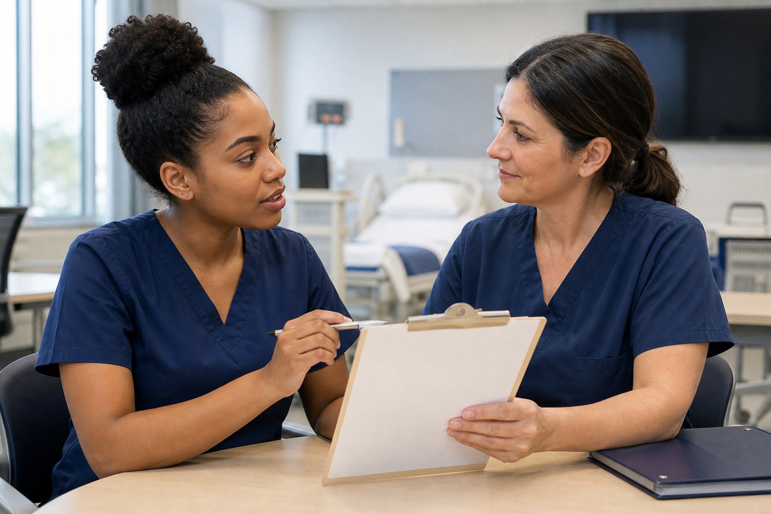 Nursing student discussing clinical learning with a nurse preceptor