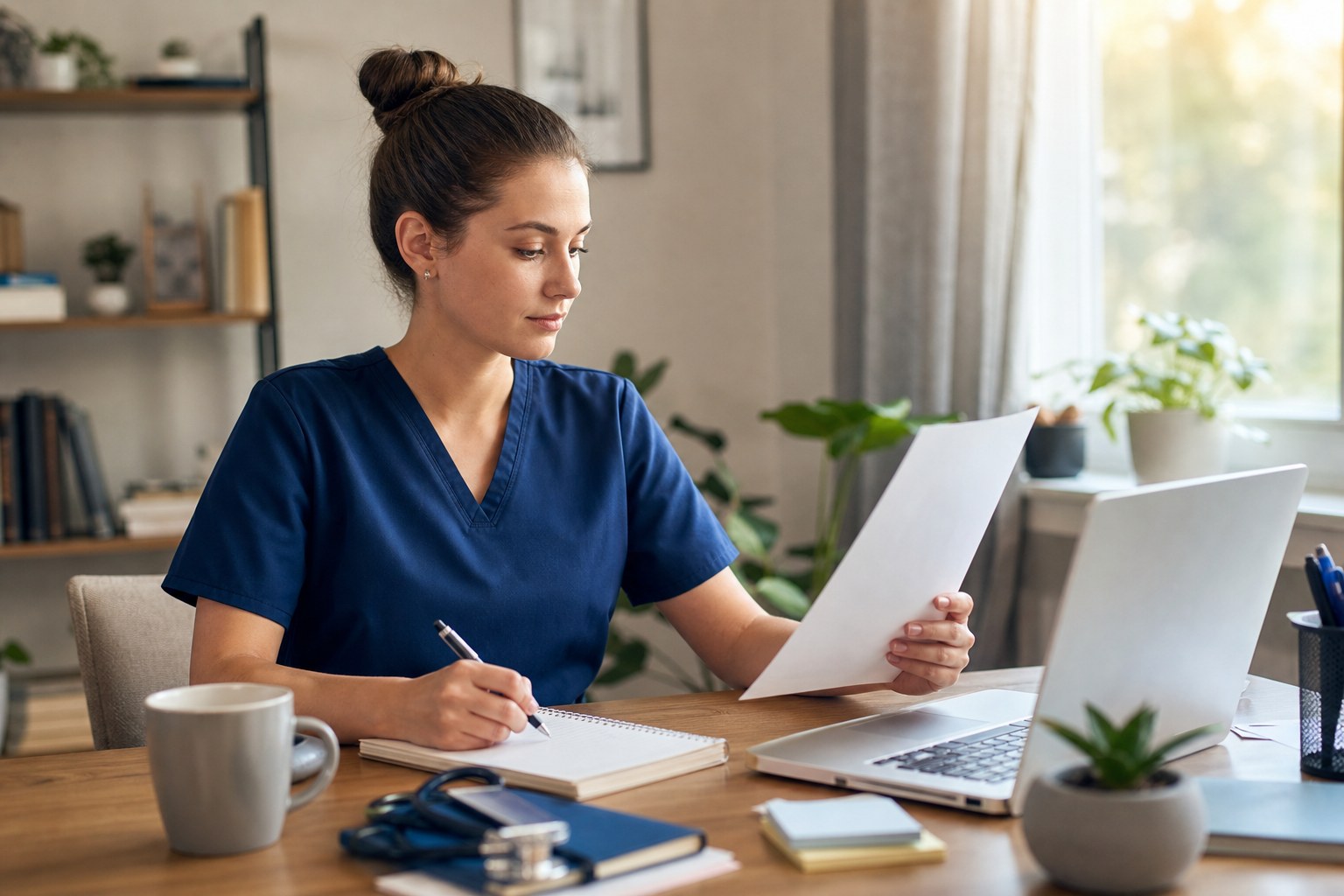 New graduate nurse reviewing a job posting and drafting a cover letter at a home desk