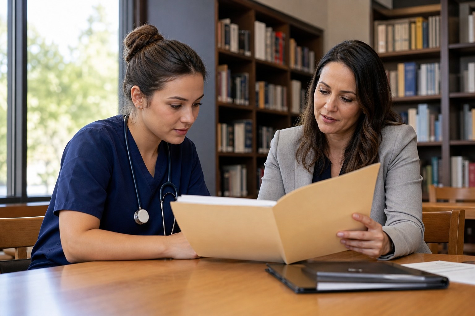 New graduate nurse reviewing a job application with a mentor