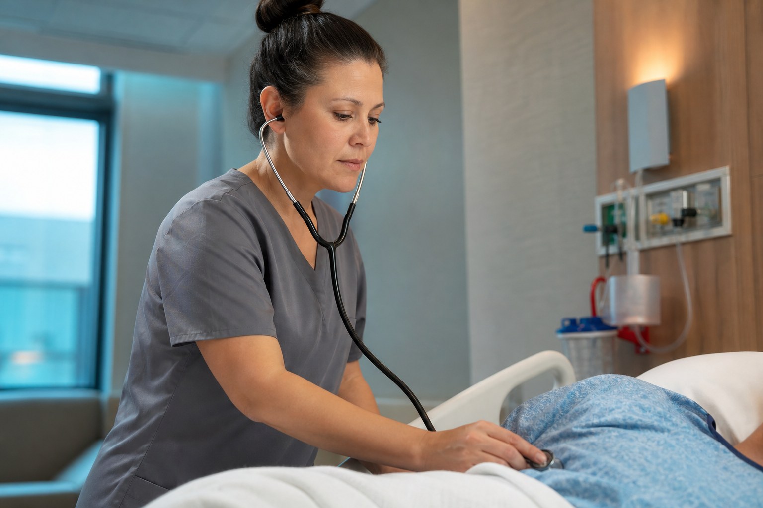 Nurse completing a focused bedside assessment