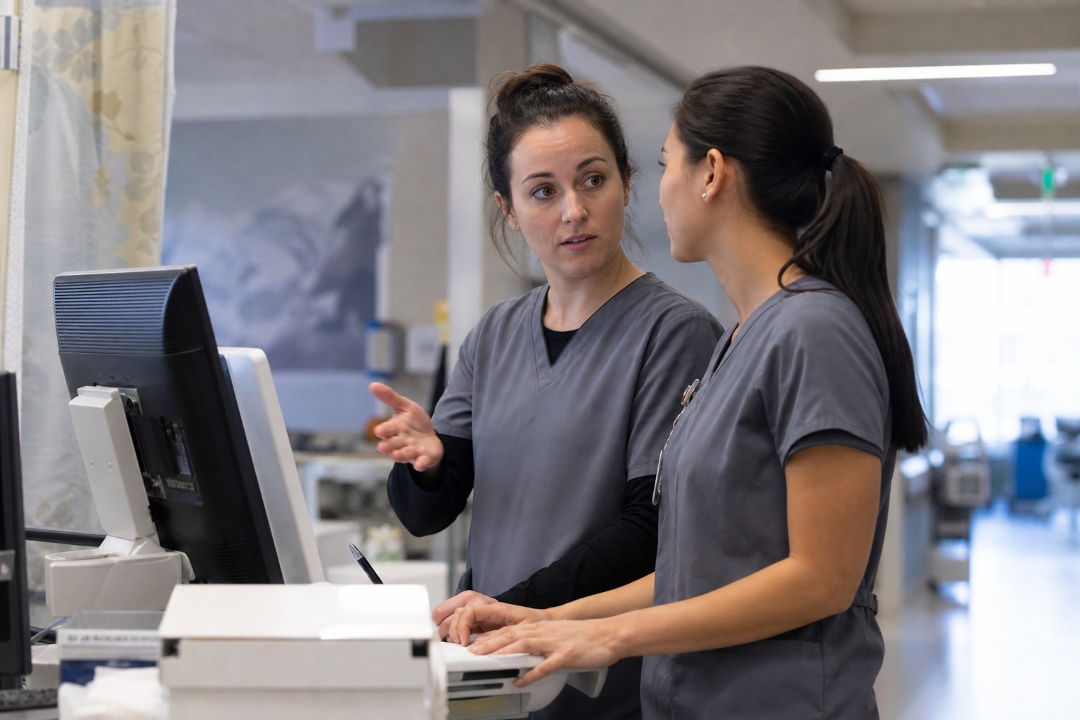 Two nurses sharing a focused clinical update at a workstation