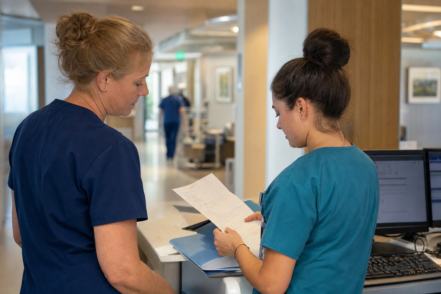 New graduate nurse and experienced colleague reviewing shift priorities at a hospital workstation
