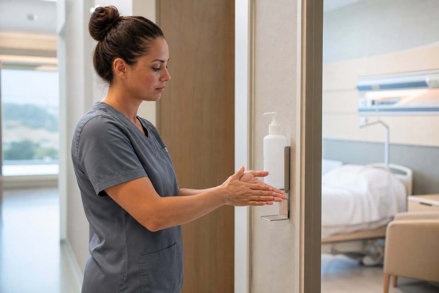 Nurse using hand sanitizer before entering a patient room