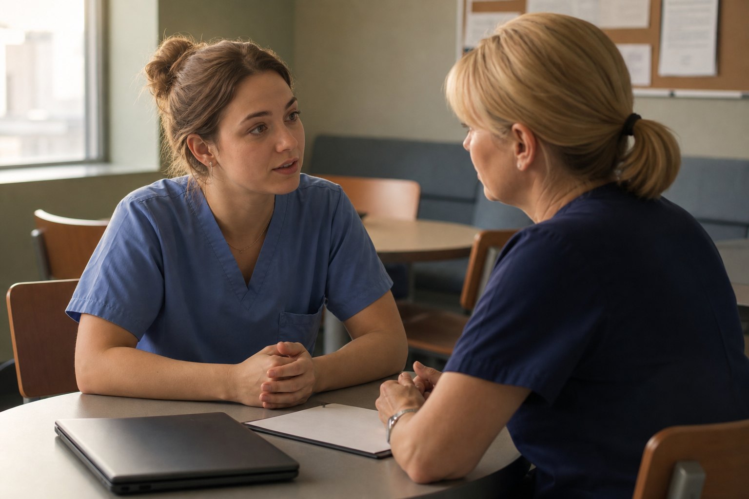 New nurse meeting with an experienced nurse educator for a supportive orientation check-in