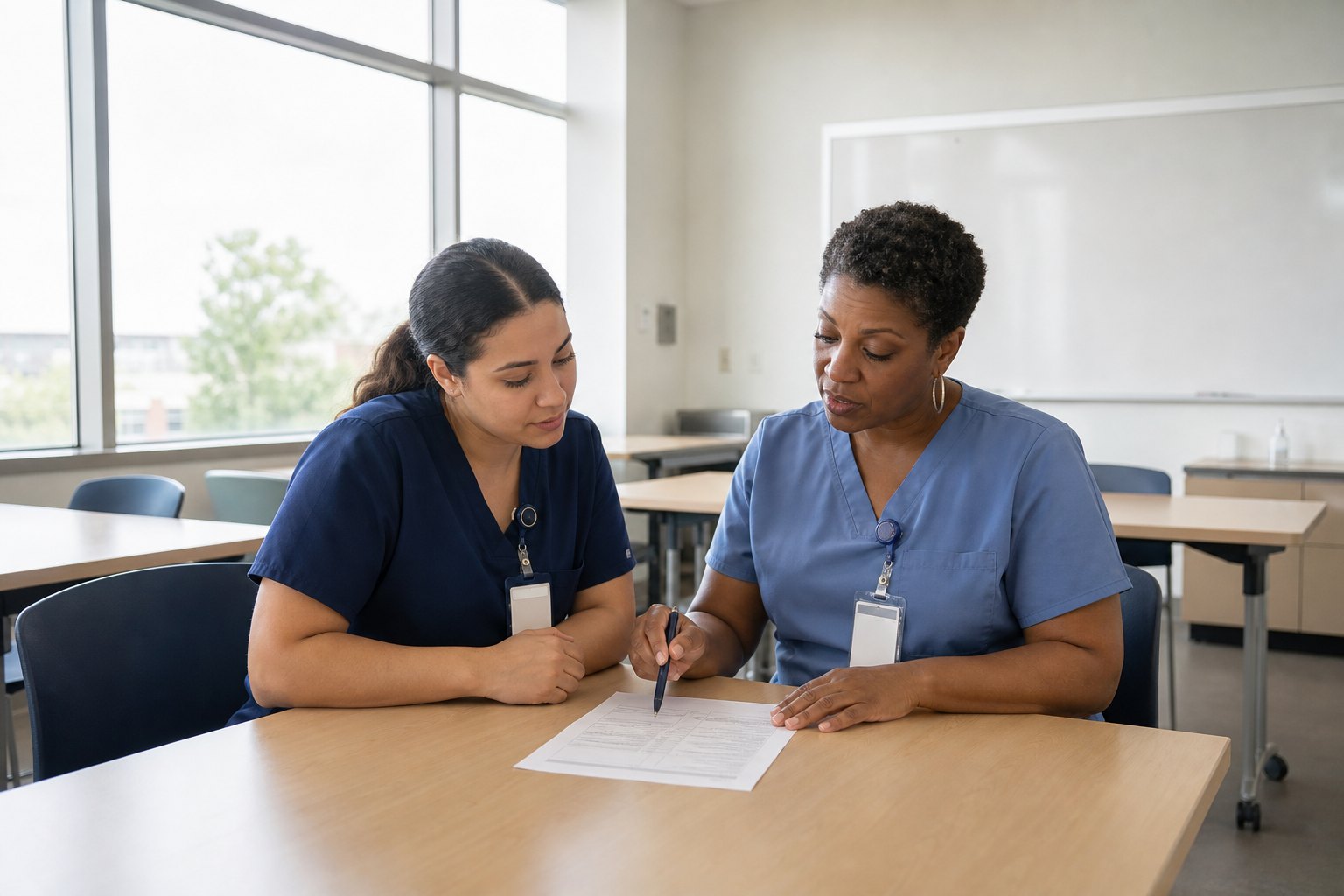 New graduate nurse and nurse educator reviewing an orientation plan in a hospital education room