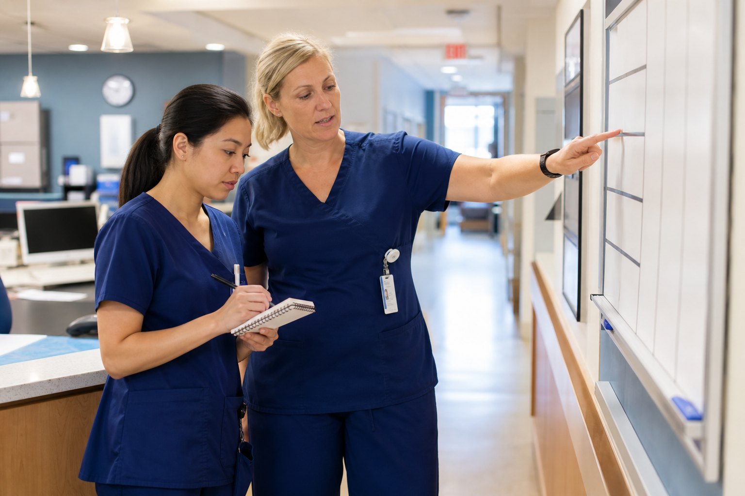 Experienced nurse preceptor showing a new graduate nurse how to organize a unit workflow