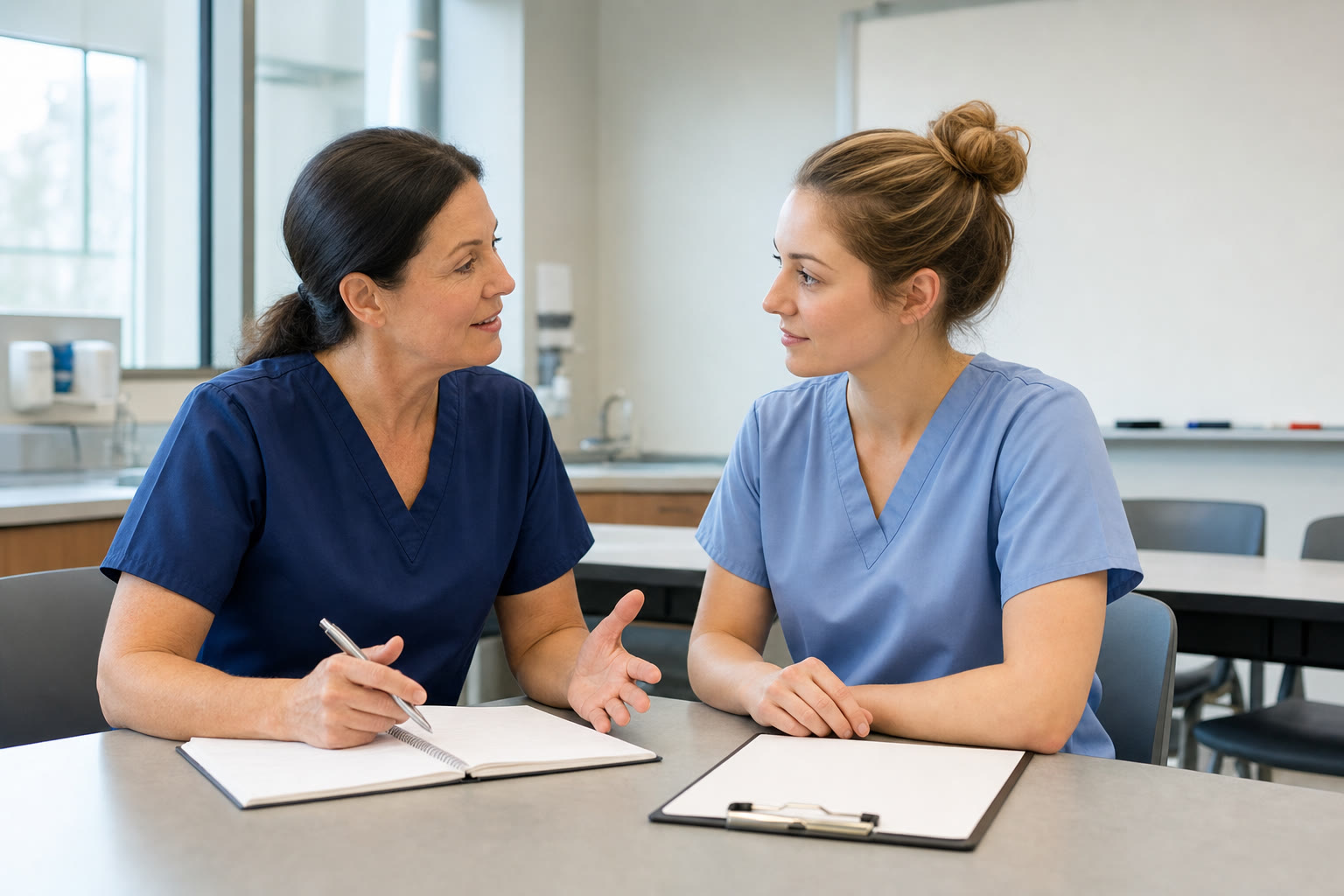 Experienced nurse preceptor coaching a newly licensed nurse in a clinical education room