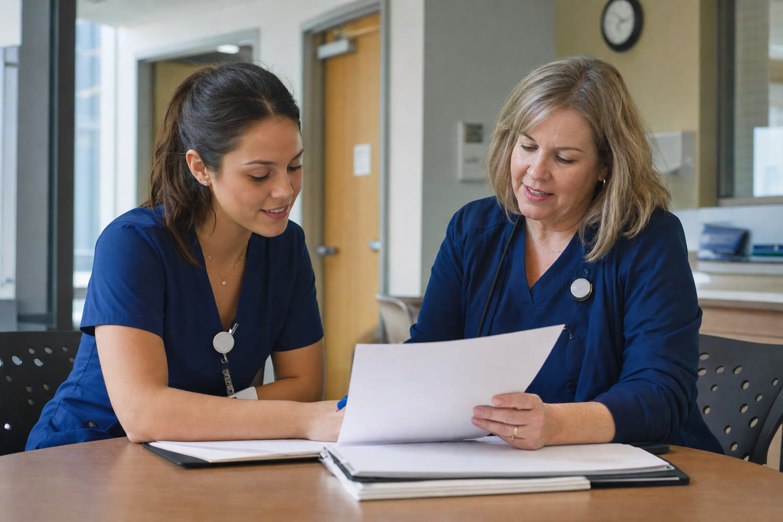 New graduate nurse and nurse educator reviewing an orientation plan together