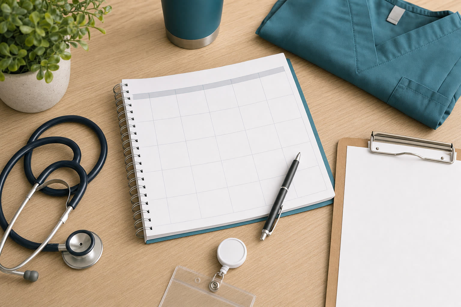 Orientation planner, stethoscope, scrubs, and clipboard prepared for a nursing shift