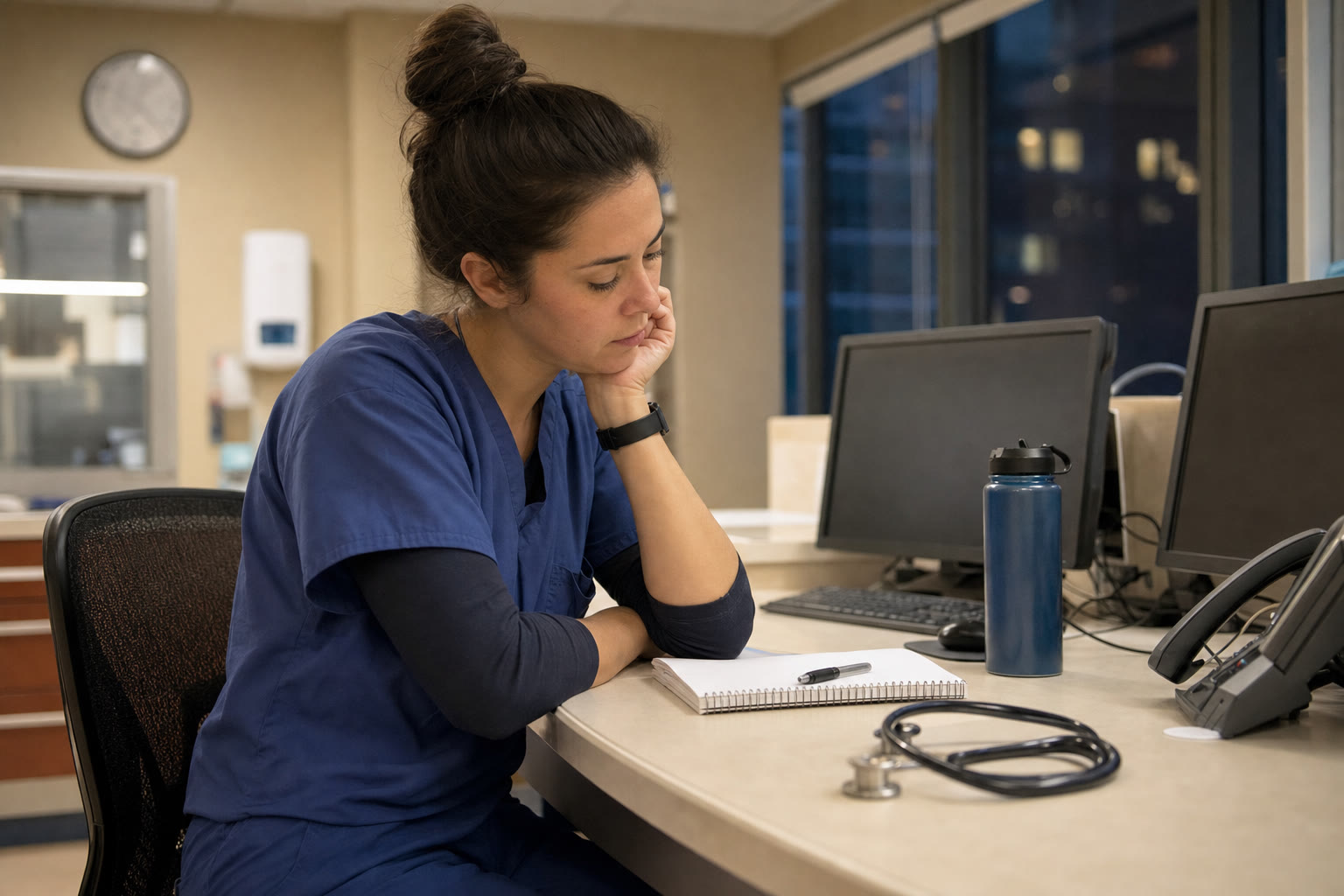 New nurse reflecting at a clinical workstation after a shift