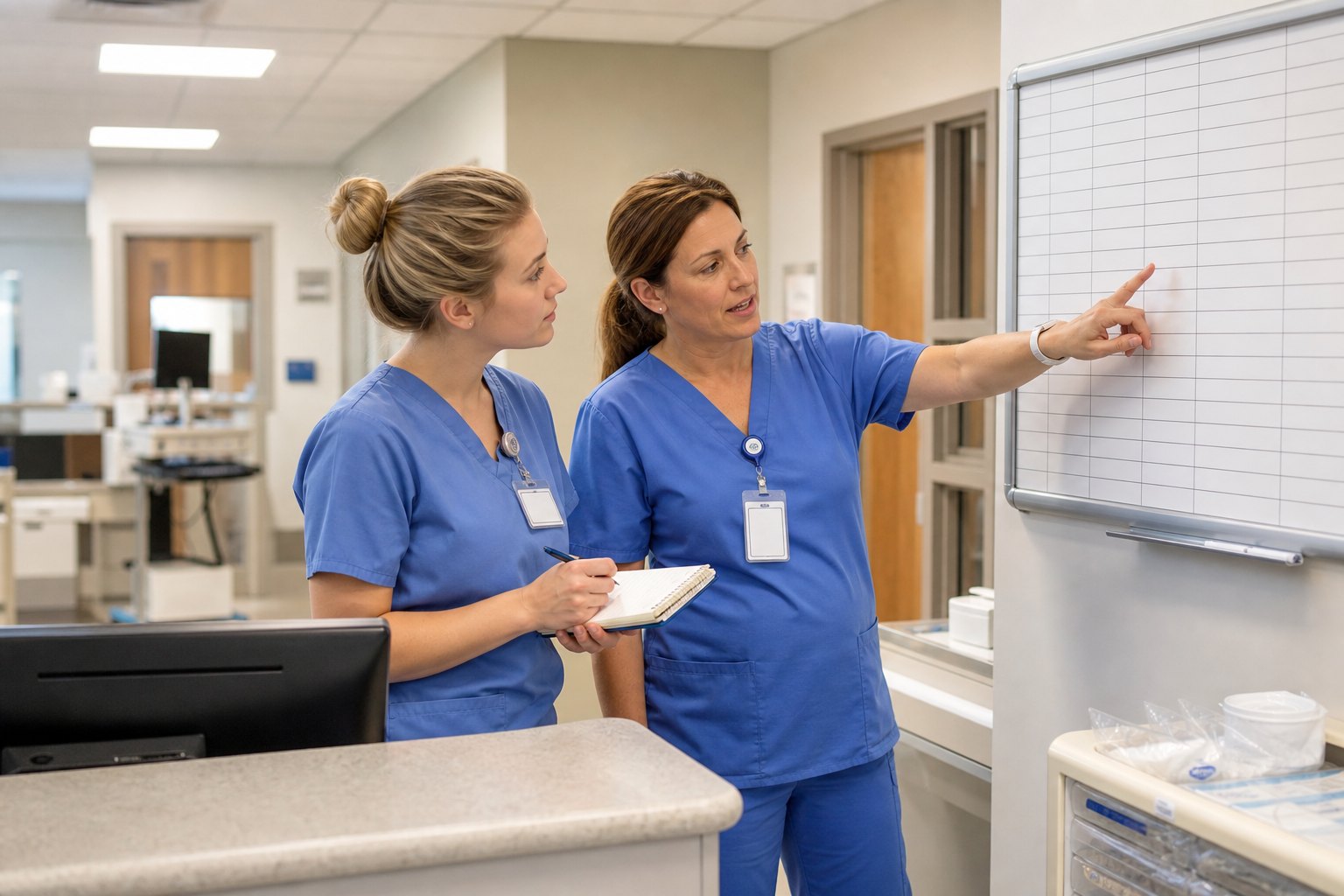 New graduate nurse and preceptor organizing a safe plan for clustered patient care
