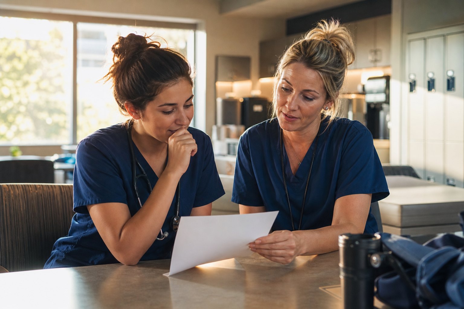 New graduate nurse reviewing a busy shift with a supportive preceptor