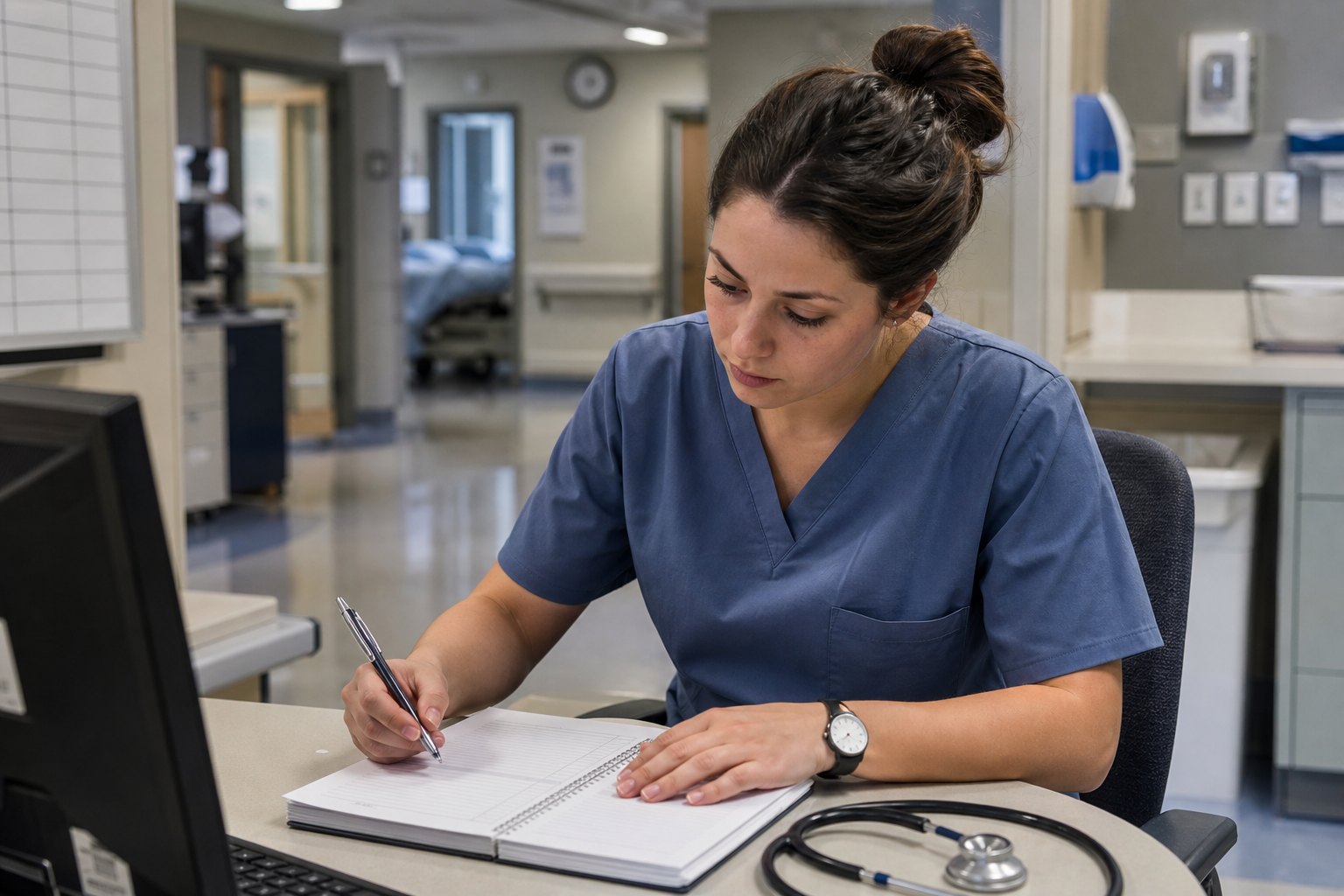 New graduate nurse preparing a shift plan at a hospital workstation