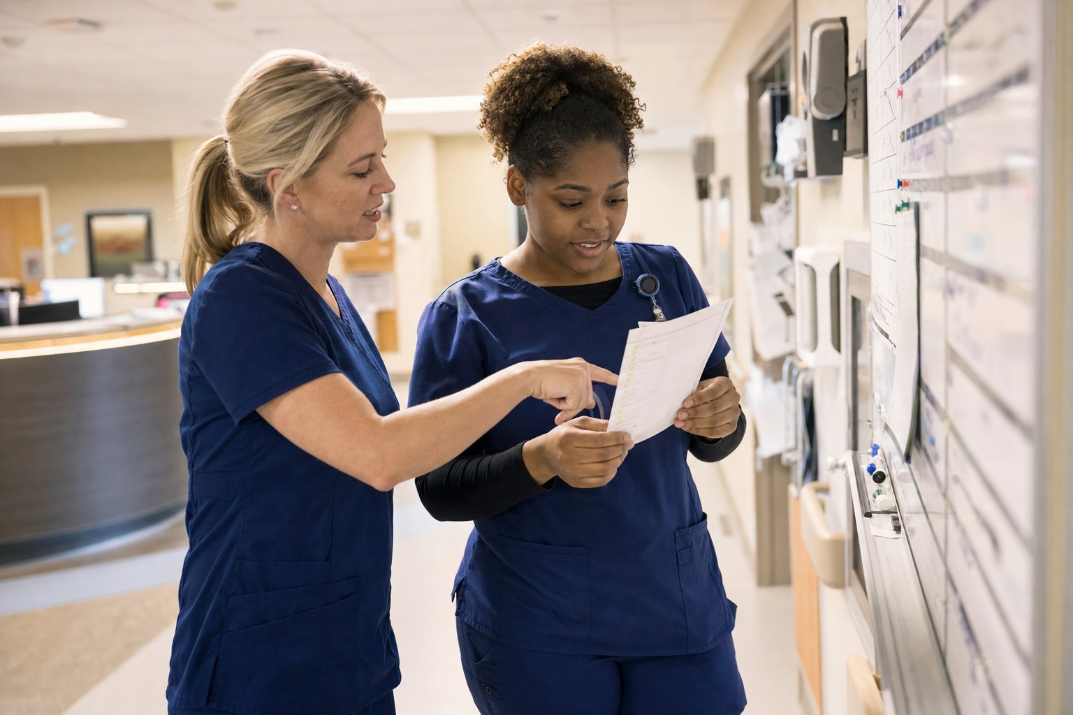 Nurse preceptor guiding a new graduate nurse through a first-shift orientation checklist