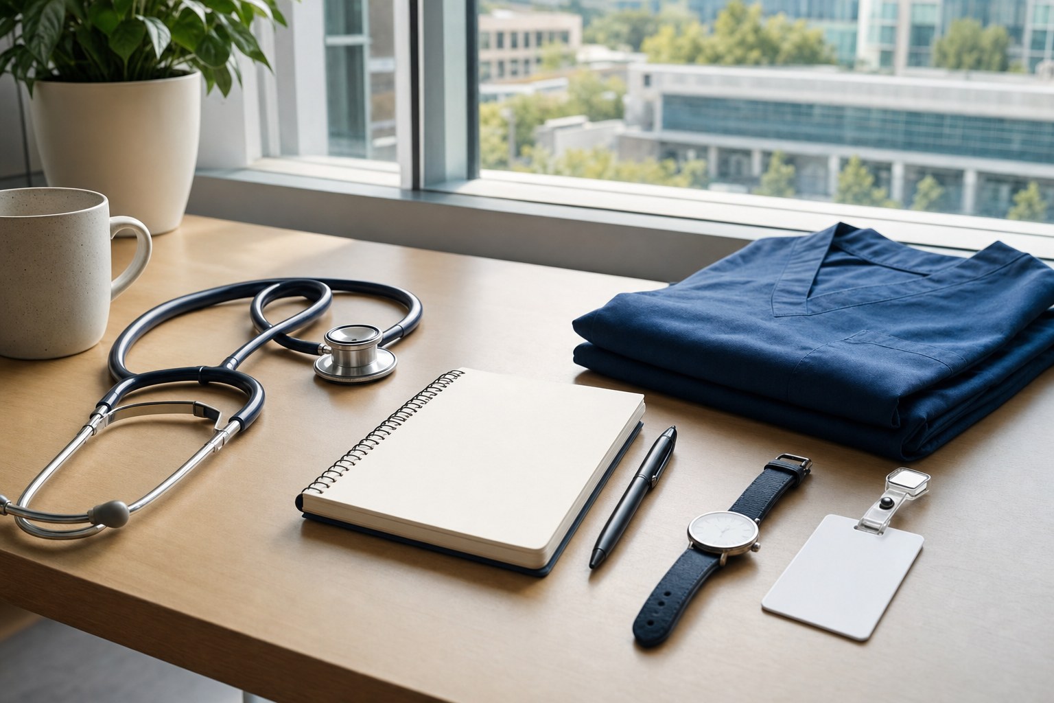 Stethoscope, blank notebook, folded scrubs, watch, and pen prepared for a nursing shift