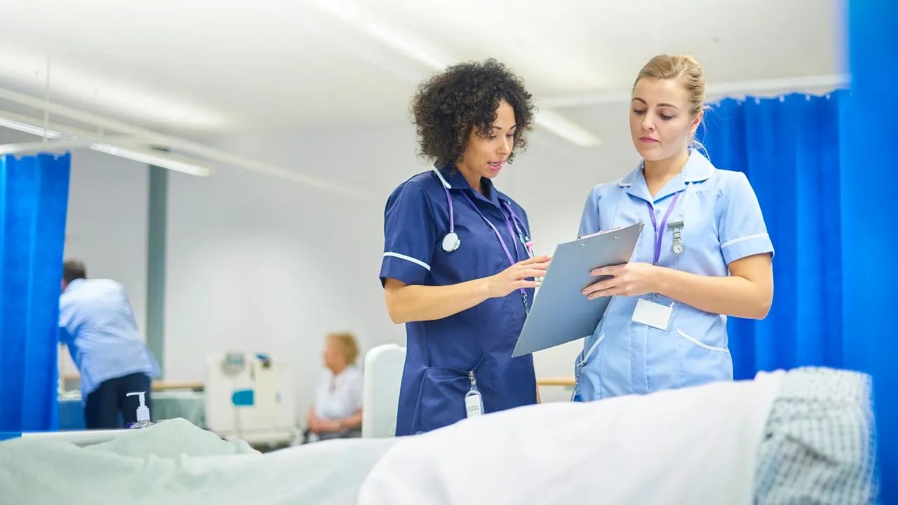 Two nurses discussing a learning plan at the bedside