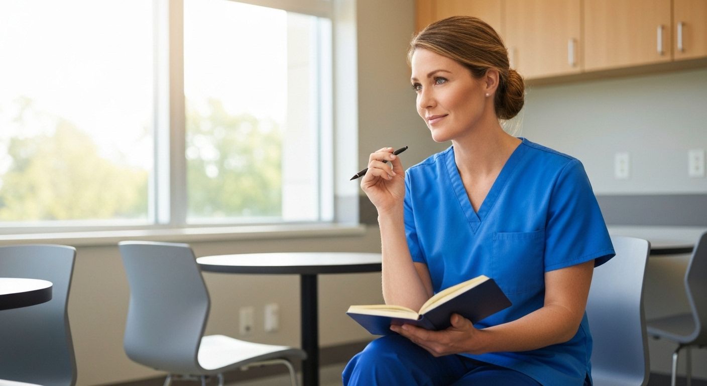 Nurse reflecting with a notebook after a feedback conversation