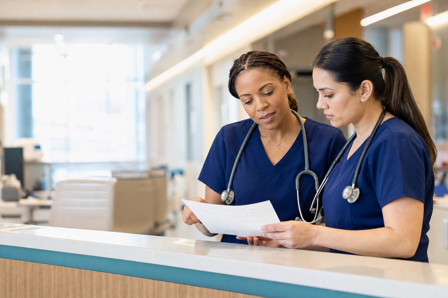 Two nurses reviewing a shift planning sheet together