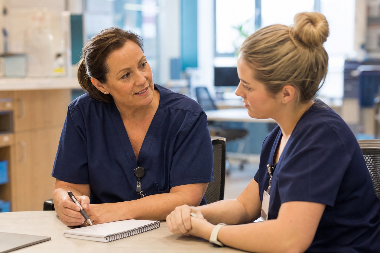 Nurse preceptor talking with a new graduate nurse
