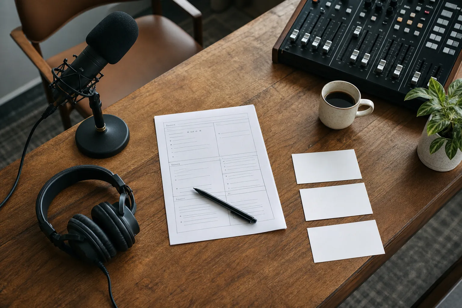 Podcast microphone, headphones and episode planning notes on a production desk