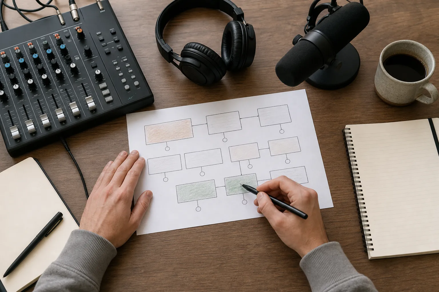 Producer mapping a sequence of podcast episodes beside an audio mixer