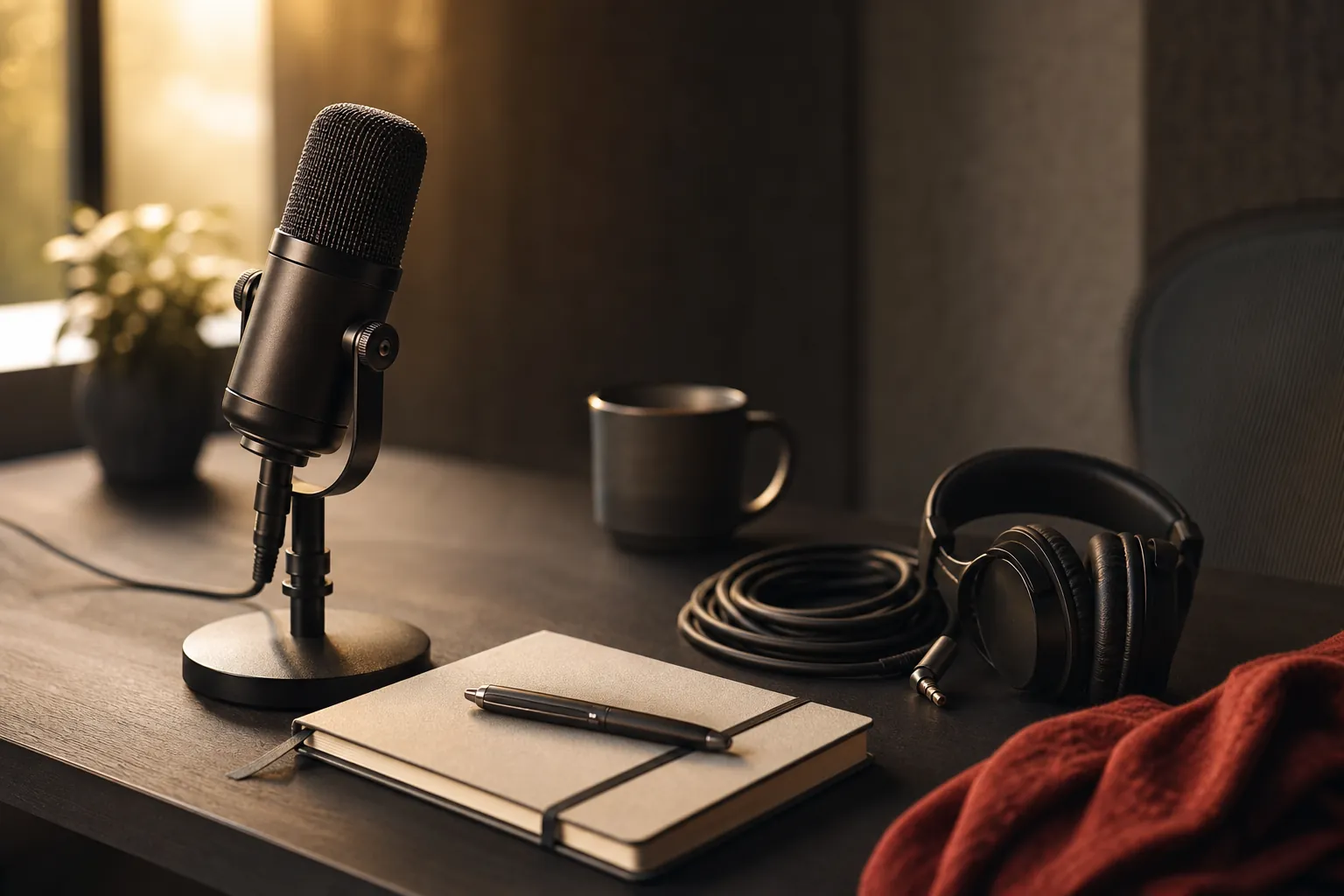 Podcast microphone and headphones on a quiet recording desk after a session