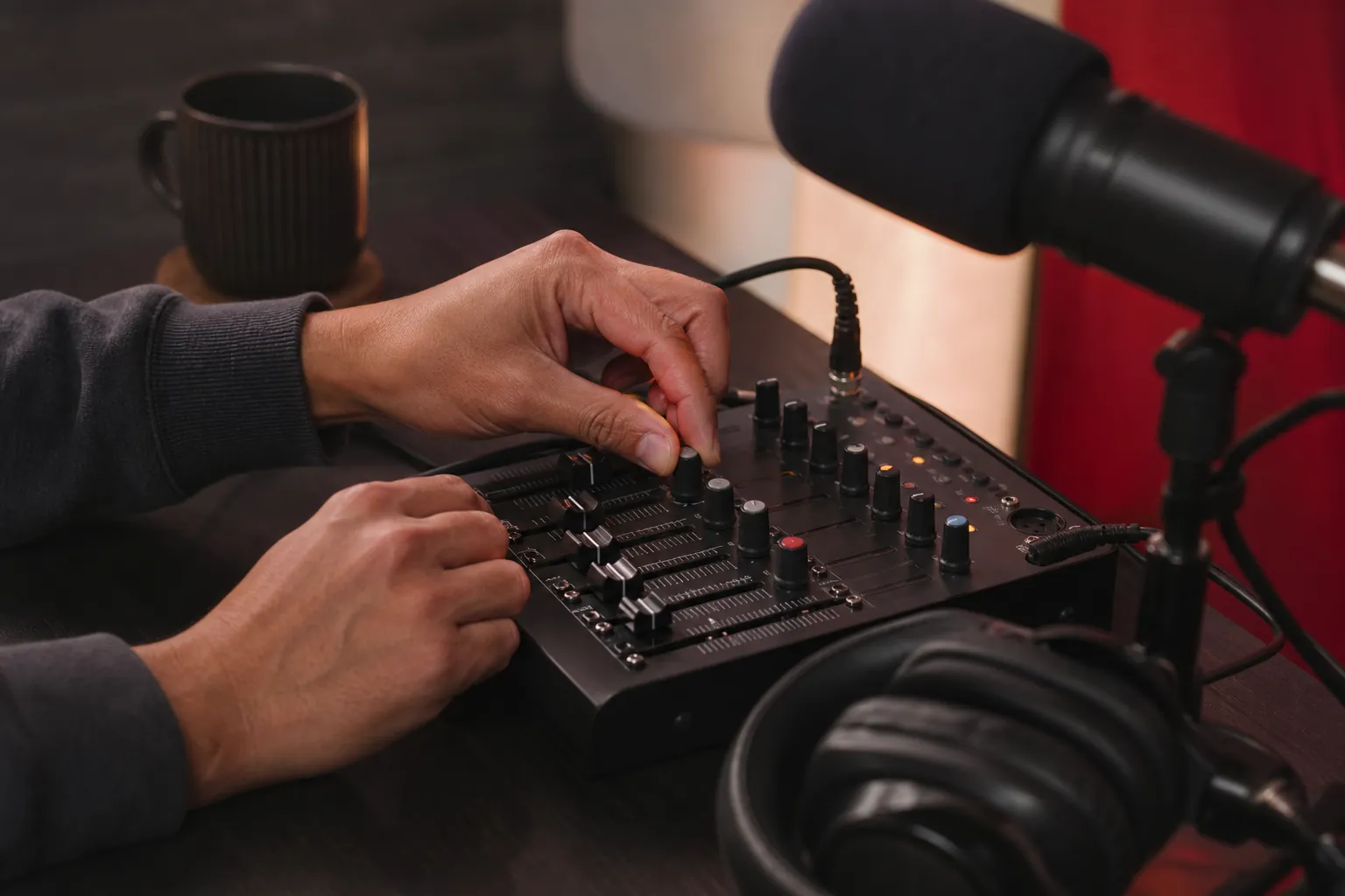 Hands adjusting an audio mixer beside a podcast microphone