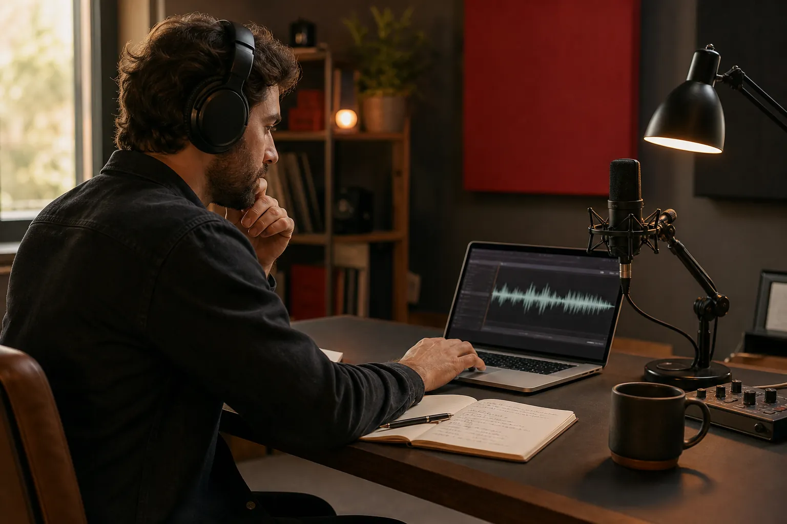 Podcast producer choosing an audio cue in a recording studio