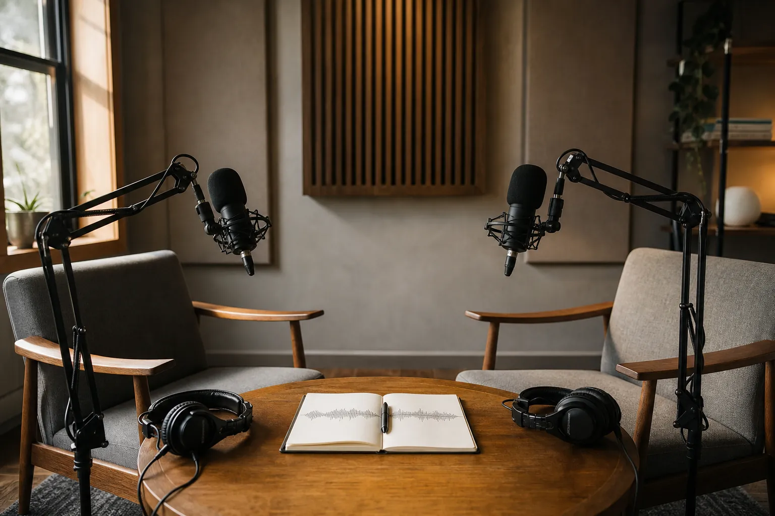 Two microphones prepared for a podcast pilot recording session