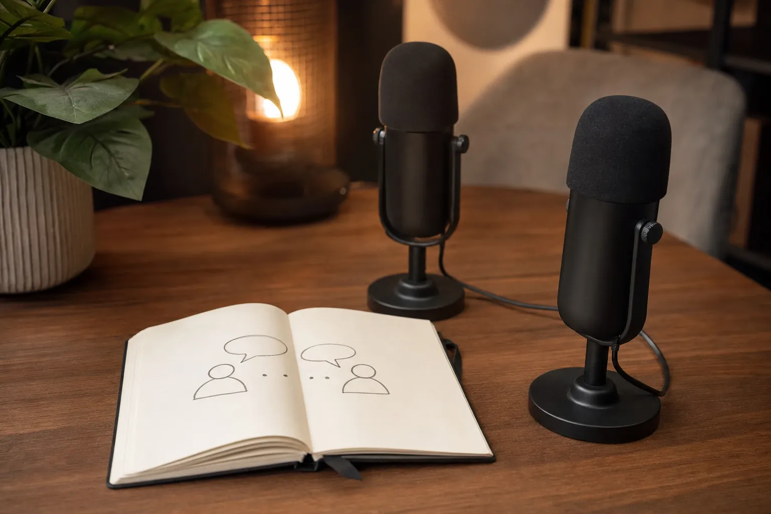 Two microphones and an open notebook prepared for an interview