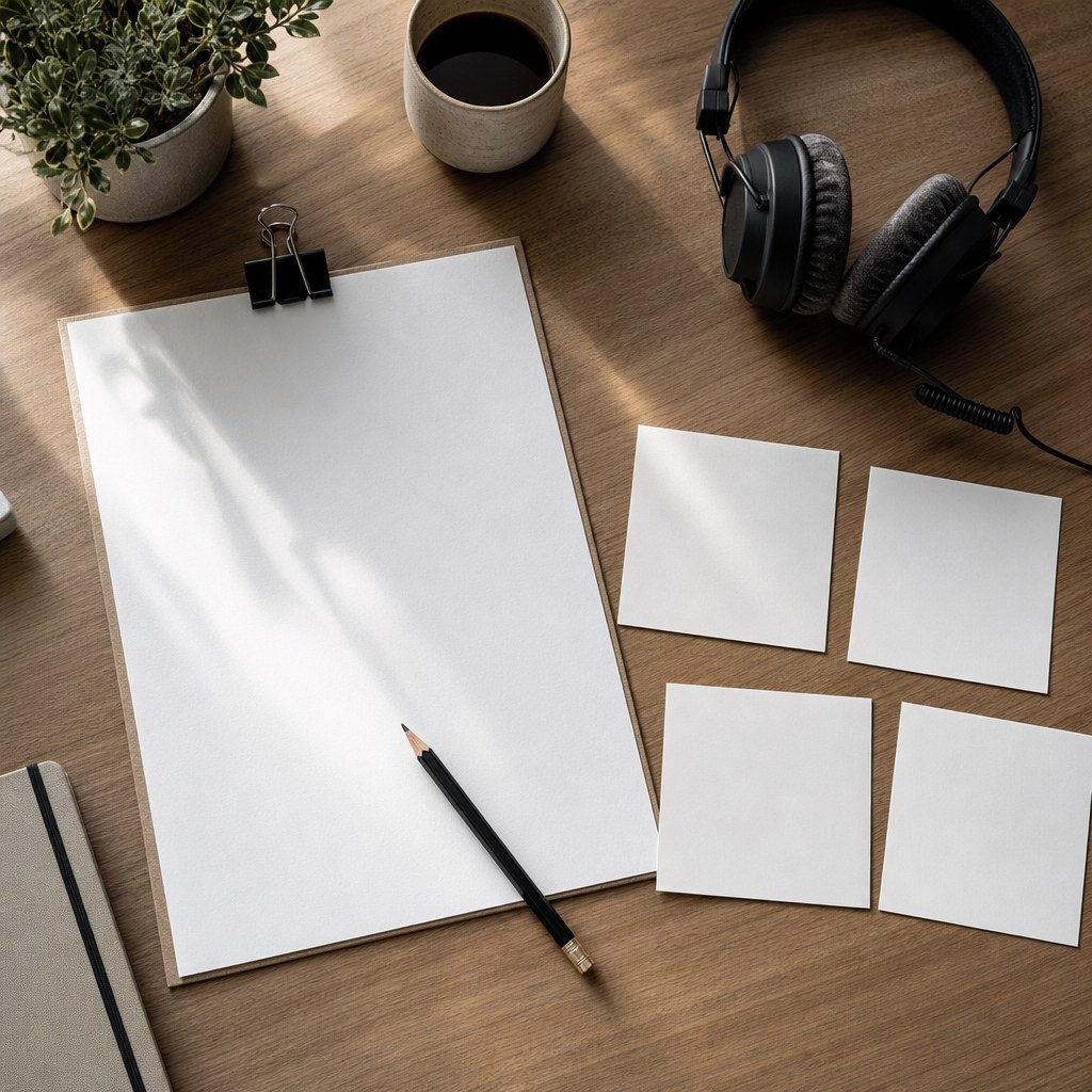 Podcast cover art brief with blank concept cards, headphones, and pencil on a wooden desk
