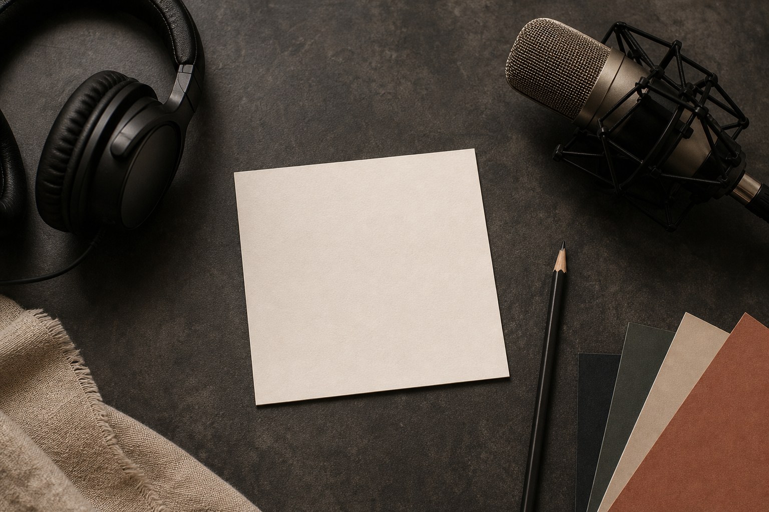 Blank square podcast cover concept card with headphones and a studio microphone on a dark desk