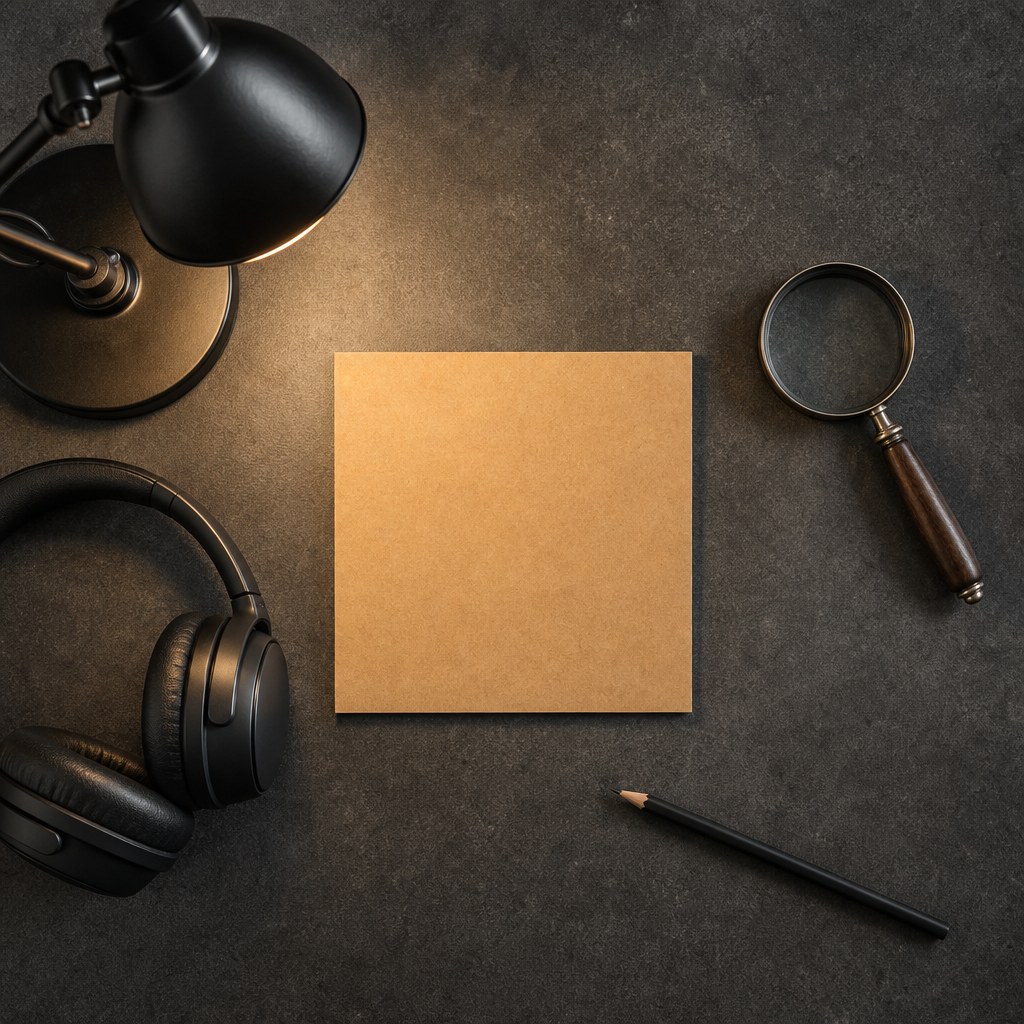 Podcast cover card under a desk lamp beside headphones, pencil, and magnifying glass