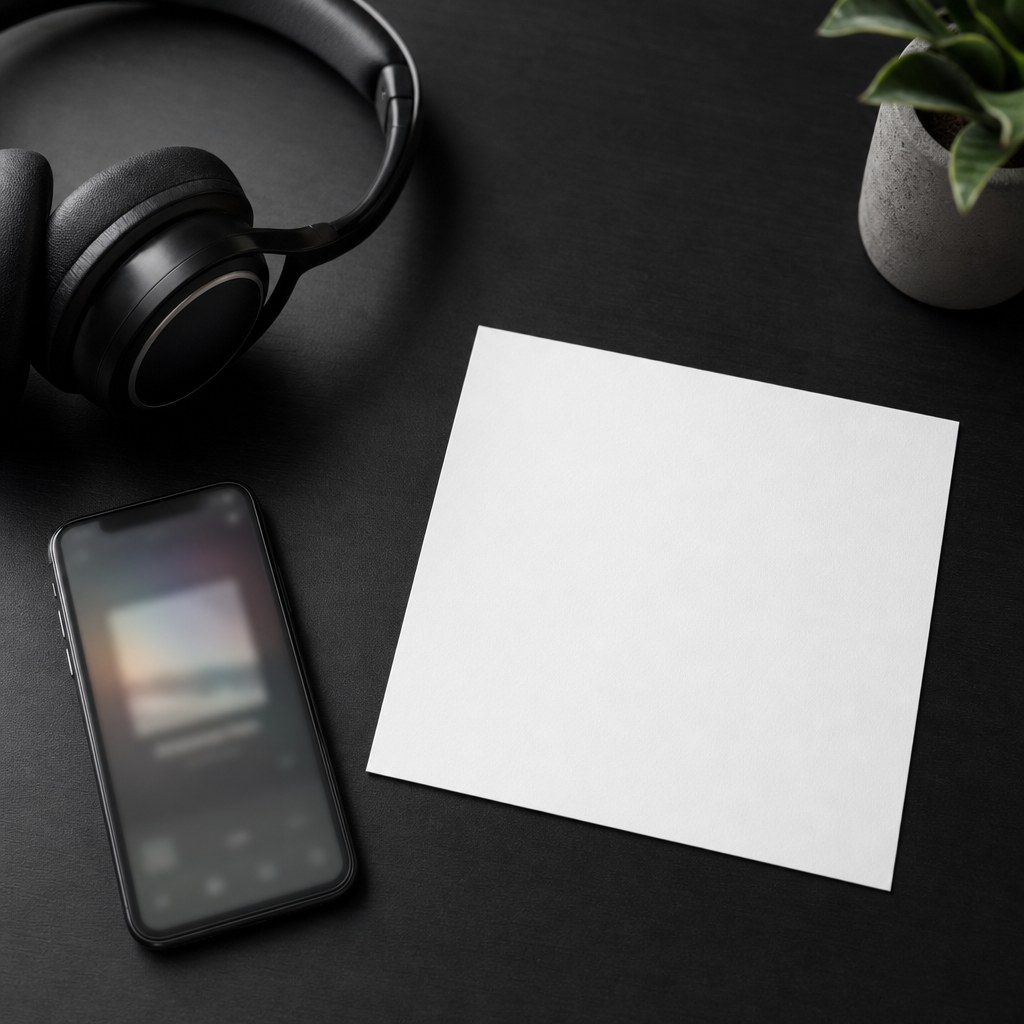 Blank square cover card beside headphones and a phone on a dark desk
