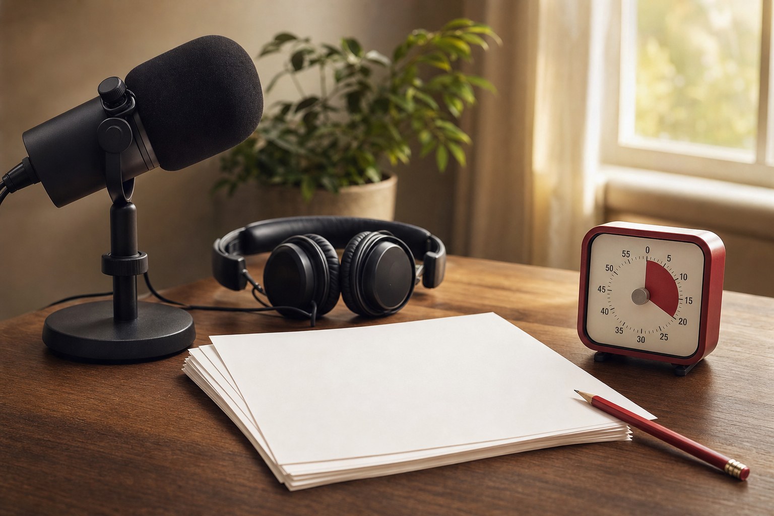 Microphone, headphones, timer, blank paper, and pencil ready for podcast editing